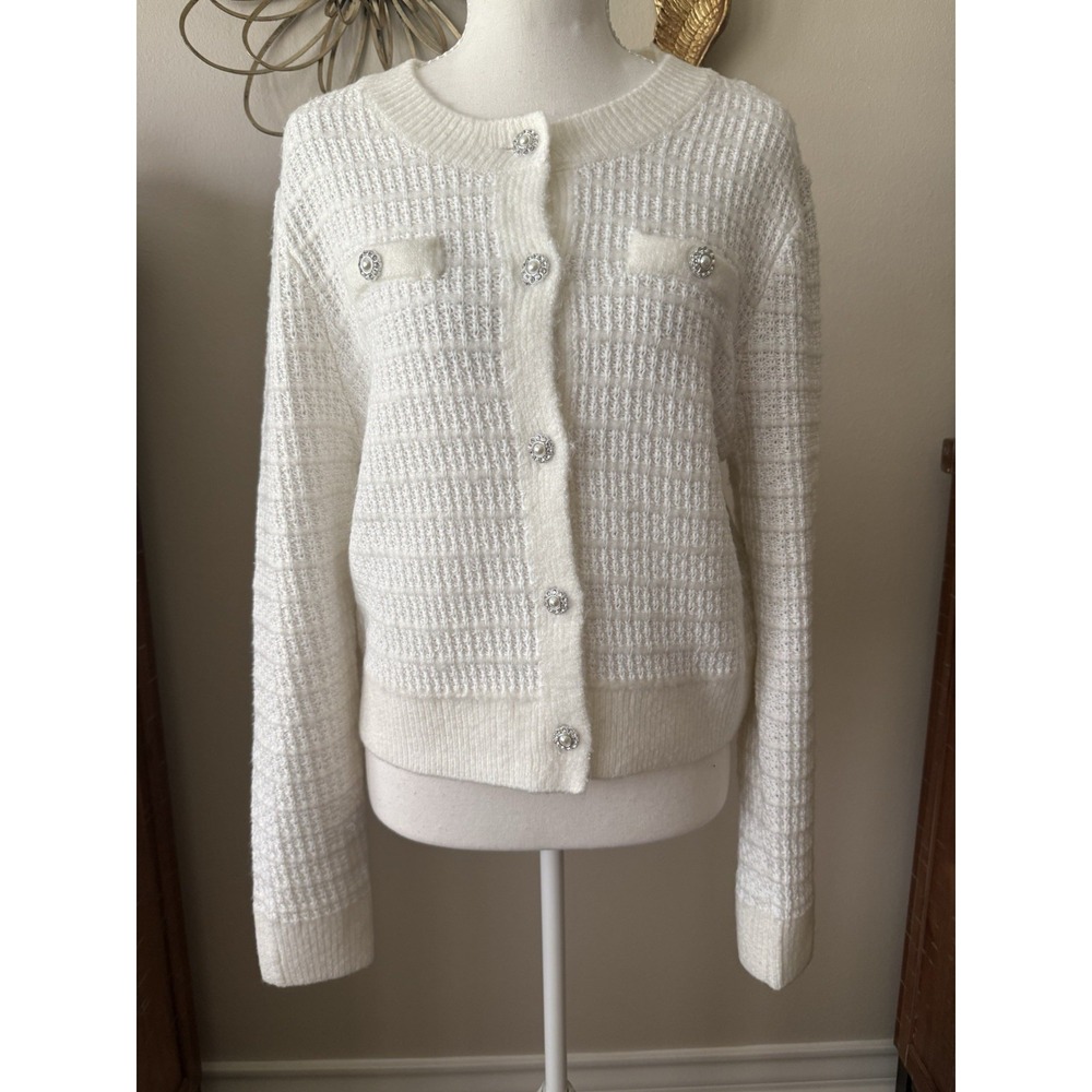 Laundry by Shelli Segal Cardigan Sweater M Ivory Pearl Button Textured Knit